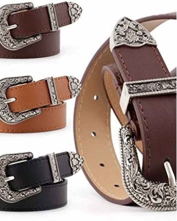 Western-Leather-Belts-Women Vintage Waist-Belts with Hollow Out Flower Buckle