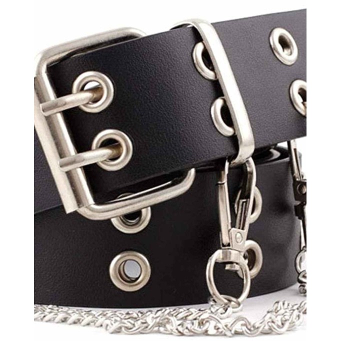 Double-Grommet-Belt Leather Punk-Waist-Belt with Chain for Women Jeans Dresses