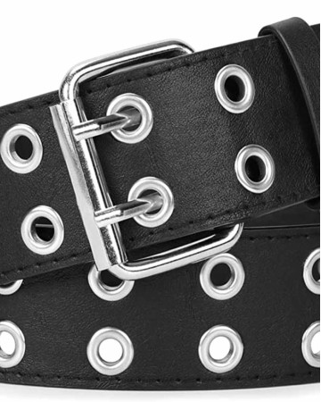 WERFORU Double Grommet Belt PU Leather Punk Belt for Women Men Jeans 2 Hole Belts 1.5 Wide