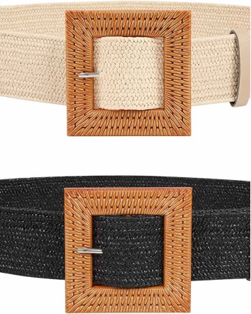 Straw Woven Elastic Stretch Belts Women, Wide Boho Braided Dress Belts with Wooden Style Buckle by JASGOOD