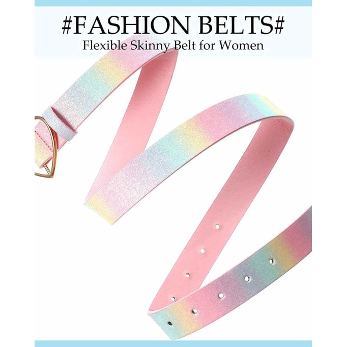Rainbow Belt PU Leather Waist Belt Women Girls Glitter Belt with Heart Buckle Adjustable Shiny Dress Belt for Teen Kids