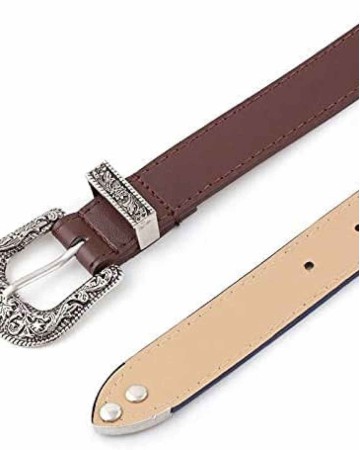 Women-Leather-Belts Vintage Western-Belt with Carved Buckle Waist-Belt for Jeans Dresses