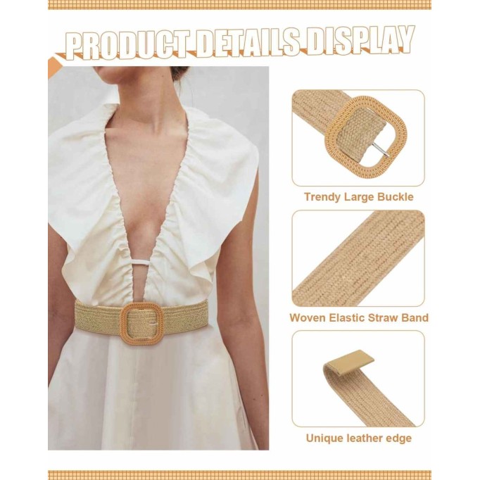 Women Belt - Straw Woven Elastic Braided Stretch Wide Waist Belts for Women Dresses with Buckle