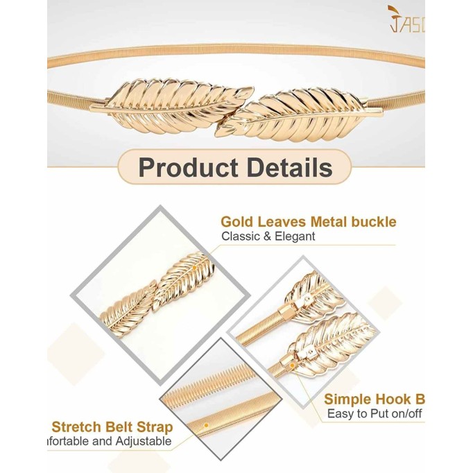 JASGOOD Women Skinny Metal Waist Belt Gold Waistband Elastic Metal Chain Leaf Waist Belt for Dress
