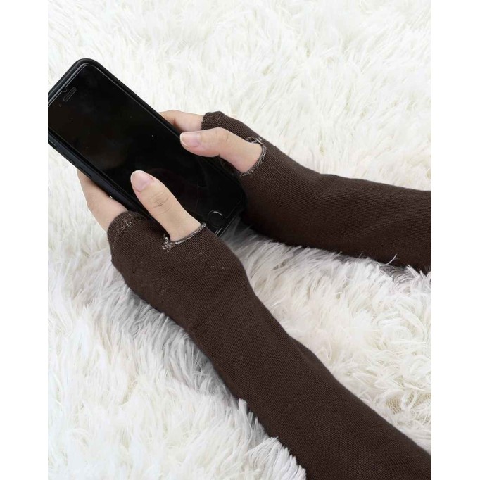 Allegra K Ladies Fall Knitted Arm Warmmers Thumbhole Long Fingerless Gloves Pair