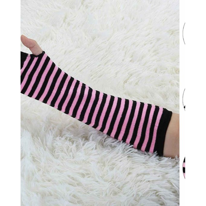 Allegra K Women Black Pink Stripe Print Elbow Length Fingerless Arm Gloves Pair