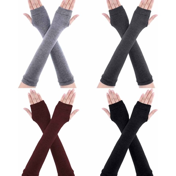 4 Pairs Long Fingerless Gloves Warmer Thumbhole Elbow Length Gloves for Women (Black, Light Grey, Dark Grey, Coffee)