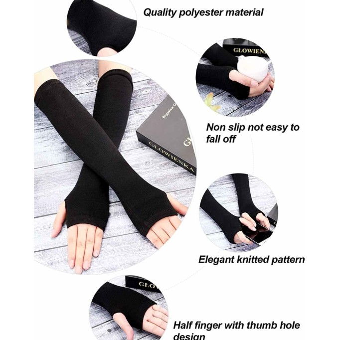 4 Pairs Long Fingerless Gloves Warmer Thumbhole Elbow Length Gloves for Women (Black, Light Grey, Dark Grey, Coffee)