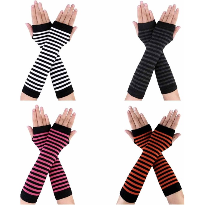 Women Long Fingerless Gloves Winter Knit Arm Warmer Thumb Hole Stretchy Gloves Striped Halloween Costume Cosplay