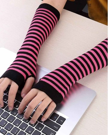 Women Long Fingerless Gloves Winter Knit Arm Warmer Thumb Hole Stretchy Gloves Striped Halloween Costume Cosplay