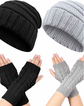 2 Pieces Women Warm Slouchy Beanie Hats with 2 Pairs Cable Knit Fingerless Gloves Thumbhole Arm Warmers