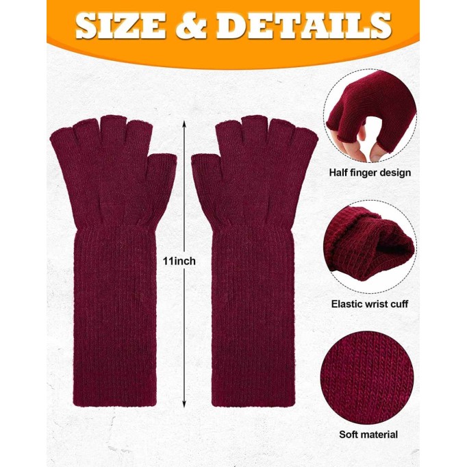 4 Pairs Long Fingerless Gloves 11Inch Winter Knit Arm Warmer Half Finger Gloves Unisex