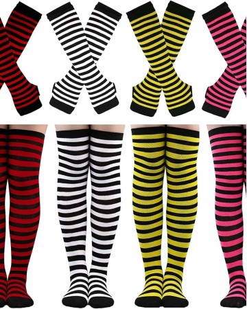Elfcool 4 Sets Womens Long Striped Knee High Socks Knit Fingerless Arm Warmers for Halloween Christmas