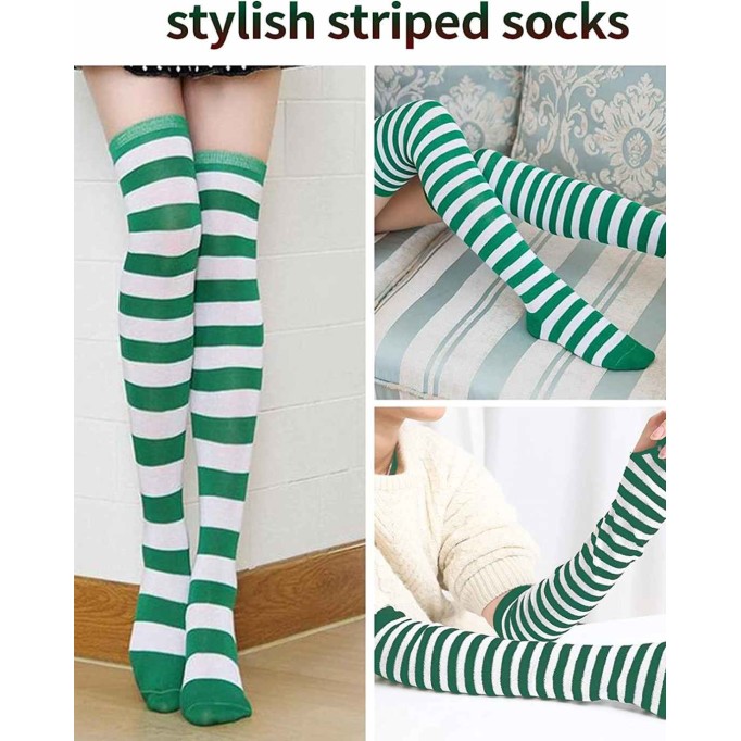 Elfcool 4 Sets Womens Long Striped Knee High Socks Knit Fingerless Arm Warmers for Halloween Christmas