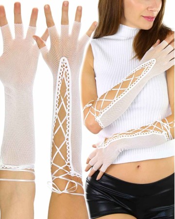 ToBeInStyle Women's Lace Up Wrist or Elbow Length Fishnet Fingerless Arm Warmer Gloves