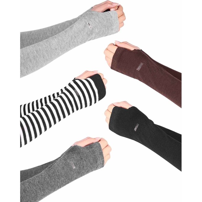 5 Pairs Knit Arm Warmers Thumb Hole for Women Girls, Wrist Fingerless Gloves Long Sleeve Mittens