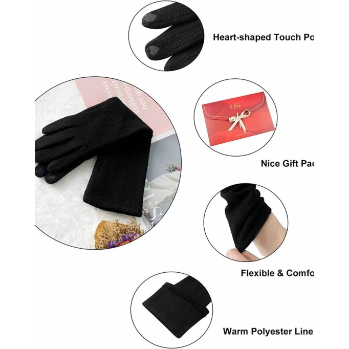 GSG Women Faux Wool Gloves Short Warm Embroidery Knitted Touchscreen Gloves