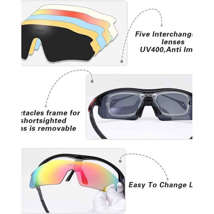 Duco Polarized Sports Cycling Sunglasses for Men with 5 Interchangeable Lenses for Running Golf Fishing Hiking Baseball