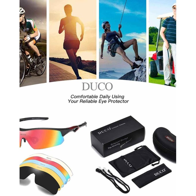 Duco Polarized Sports Cycling Sunglasses for Men with 5 Interchangeable Lenses for Running Golf Fishing Hiking Baseball