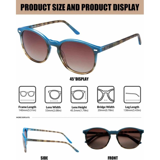 DUCO Retro Round UV400 Polarized Sunglasses for Women Men Vintage Shades Classic Acetate Frame Trendy Sunglass DC1230