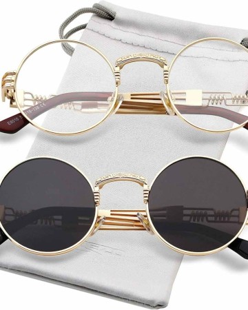 AIEYEZO Round Steampunk Sunglasses John Lennon Hippie Glasses Metal Frame 100% UV Blocking Lens