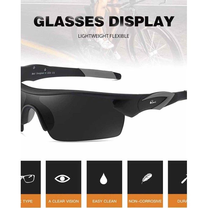 Bevi Polarized Sports Sunglasses TR90 Unbreakable Frame for Men Women Running Cycling Golf Baseball