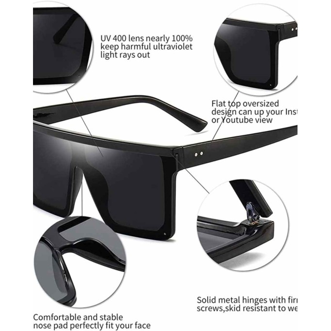 Oversized Flat Top Sunglasses for Women Mens Trendy UV 400 Protection Big Sun Glasses Shades