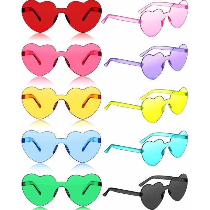 20 Pairs Heart Shaped Rimless Sunglasses Transparent Candy Color Frameless Glasses Trendy Eyewear, 10 Colors