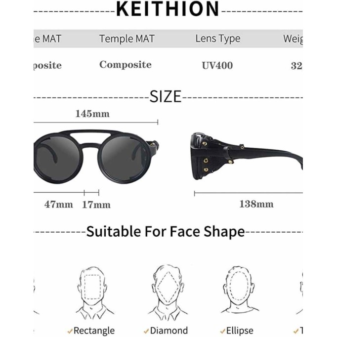 KEITHION Steampunk Style Round Vintage Sunglasses Retro Eyewear For Men Women With Leather Side Glasses