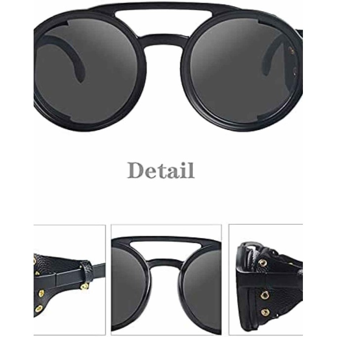 KEITHION Steampunk Style Round Vintage Sunglasses Retro Eyewear For Men Women With Leather Side Glasses