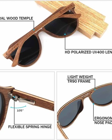 Wood Sunglasses for Men Women Wooden Polarized Sun Glasses with Spring Hinge UV Protection