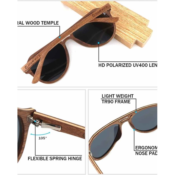 Wood Sunglasses for Men Women Wooden Polarized Sun Glasses with Spring Hinge UV Protection
