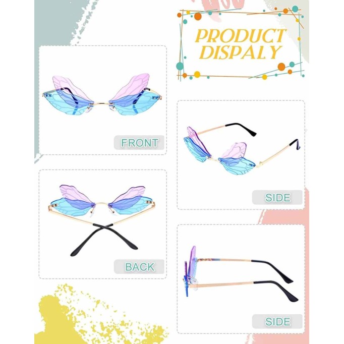 7 Pieces Dragonfly Sunglasses Fairy Glasses Butterfly Glasses Rimless Sunglasses for Women Men