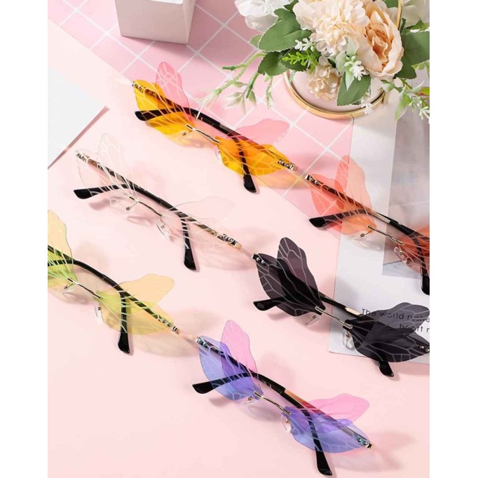 7 Pieces Dragonfly Sunglasses Fairy Glasses Butterfly Glasses Rimless Sunglasses for Women Men
