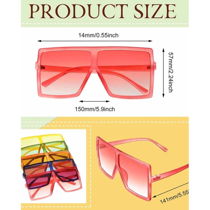 24 Pieces Square Oversized Sunglasses Rectangle Big Glasses Flat Top Shades Glasses for Women Men