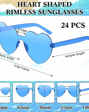24 Pairs Heart Shape Rimless Valentines Sunglasses Transparent Love Fun Sunglasses Party Accessories for Women(Blue)