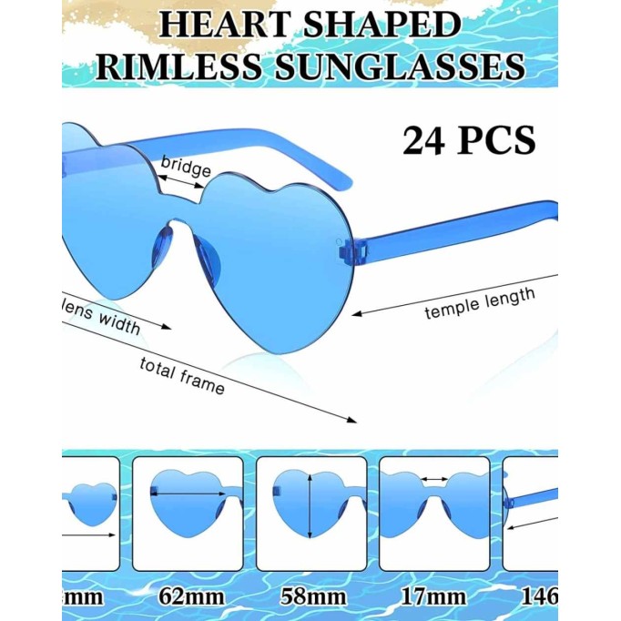 24 Pairs Heart Shape Rimless Valentines Sunglasses Transparent Love Fun Sunglasses Party Accessories for Women(Blue)