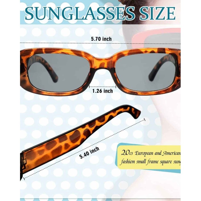 20 Pieces 90's Vintage Rectangle Sunglasses Small Rectangle Sunglasses for Women Retro Driving Glasses, 20 Styles